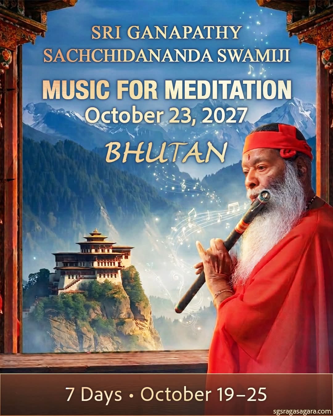 Official poster for Music for Meditation in Bhutan: Sri Swamiji in saffron robes playing the flute before a Himalayan monastery, announcing the concert on 23 October 2027.