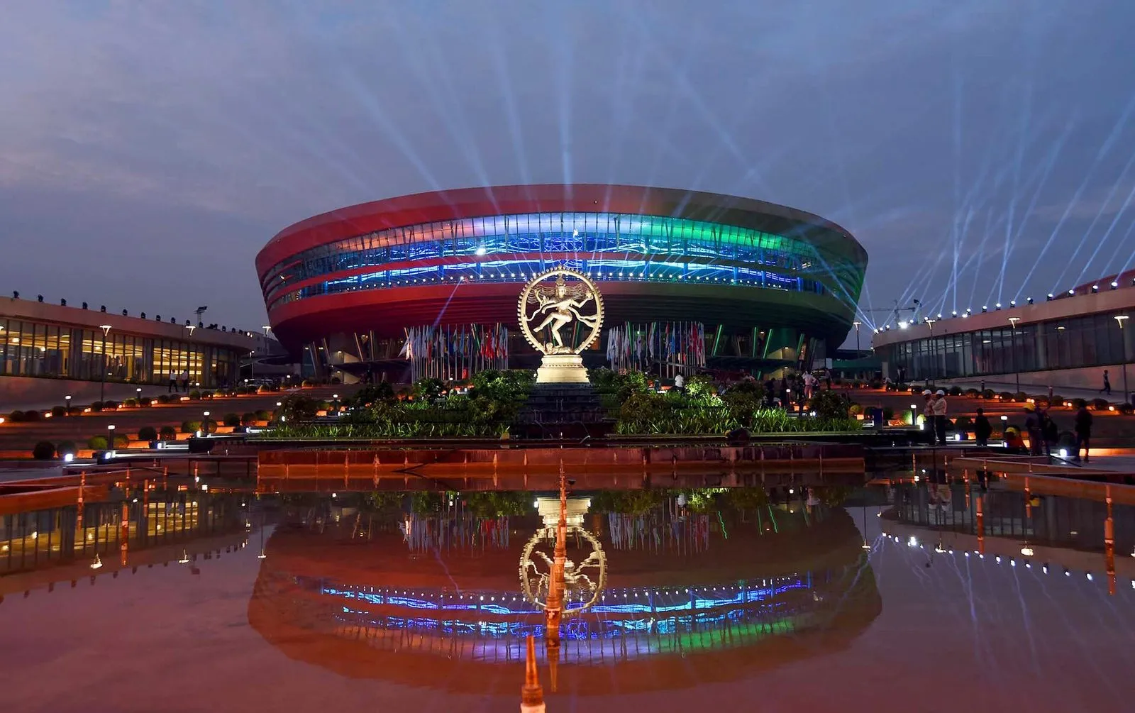 Bharat Mandapam convention centre, New Delhi, evening view.