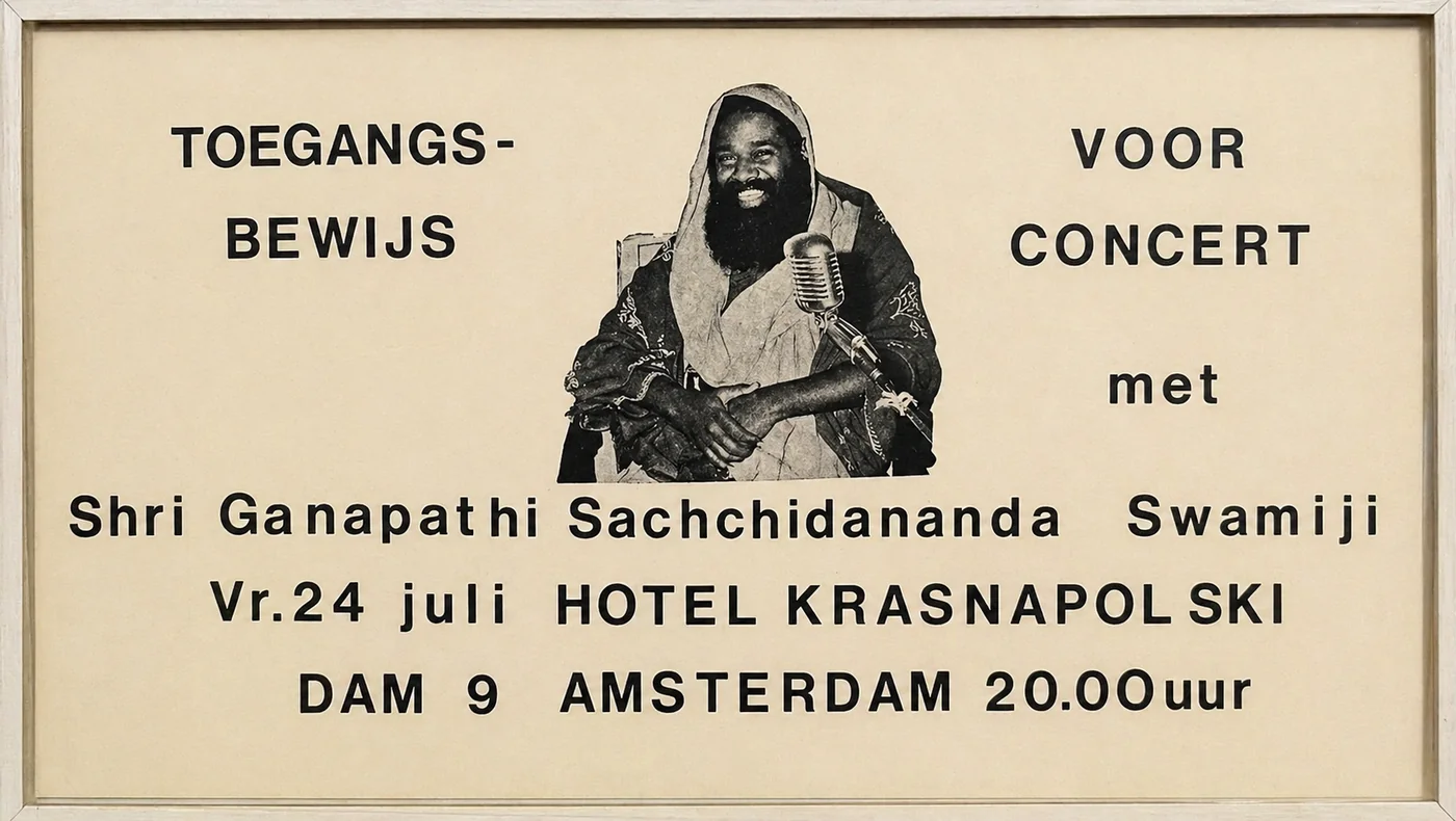 Original ticket for the first international concert: Shri Ganapathi Sachchidananda Swamiji, Hotel Krasnapolsky, Amsterdam, 24 July 1987.
